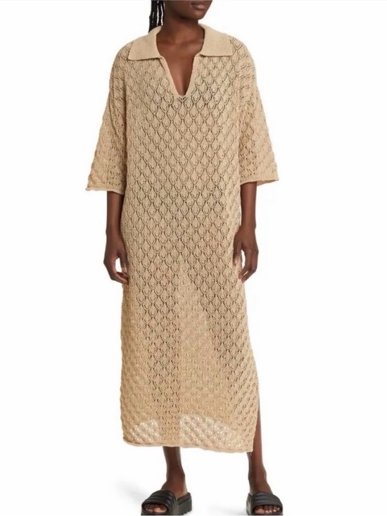 Topshop Dresses & Skirts - Topshop Pointelle Stitch Polo Sweater Dress Beige Beach Cover Up Maxi Size S